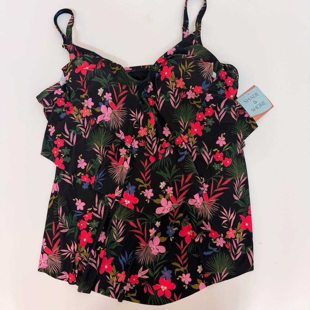 Shade & Shore Floral Ruffle Tankini Swim Top Black Pink 1X Padded Bra NWT